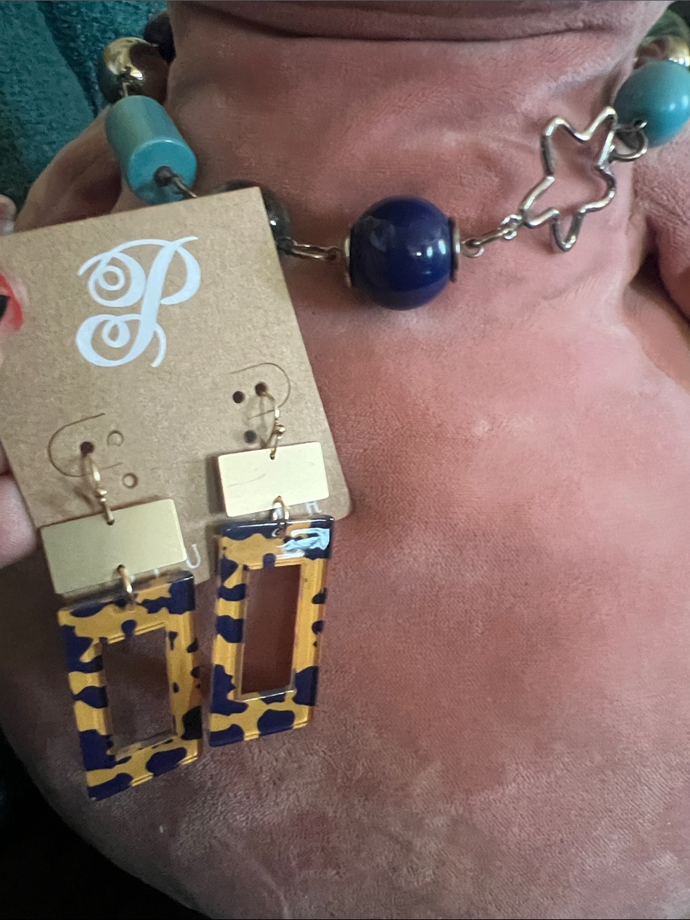 Funky bundle! Bold Yellow & Navy Rectangular Dangle Earrings & vintage necklace